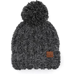 imageCC Unisex Warm Soft Knit Pom Beanie HatFuzzy Cable Knit Black