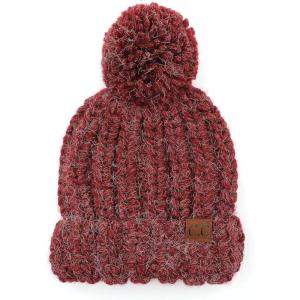 imageCC Unisex Warm Soft Knit Pom Beanie HatFuzzy Cable Knit Cranberry