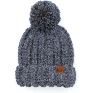 imageCC Unisex Warm Soft Knit Pom Beanie HatFuzzy Cable Knit Indigo