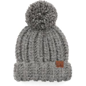 imageCC Unisex Warm Soft Knit Pom Beanie HatFuzzy Cable Knit Light Melange Gray