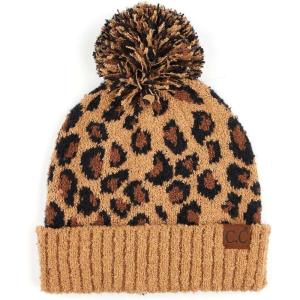 imageCC Unisex Warm Soft Knit Pom Beanie HatLeopard Print Latte