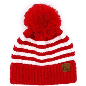 imageCC Unisex Warm Soft Knit Pom Beanie HatStriped Red