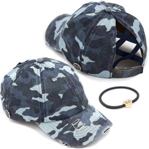 imageCC Washed Denim CrissCross Ponytail Cap Epoxy Button for face mask Face Mask not Included BT799Blue Camo