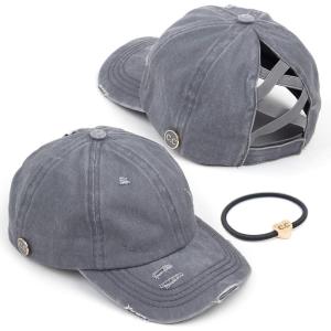 imageCC Washed Denim CrissCross Ponytail Cap Epoxy Button for face mask Face Mask not Included BT799Grey