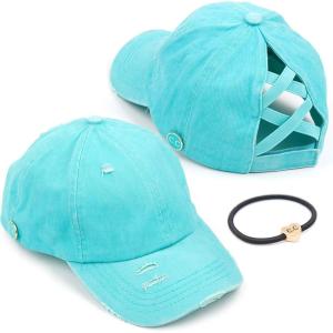 imageCC Washed Denim CrissCross Ponytail Cap Epoxy Button for face mask Face Mask not Included BT799Mint