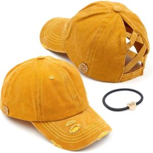 imageCC Washed Denim CrissCross Ponytail Cap Epoxy Button for face mask Face Mask not Included BT799Mustard