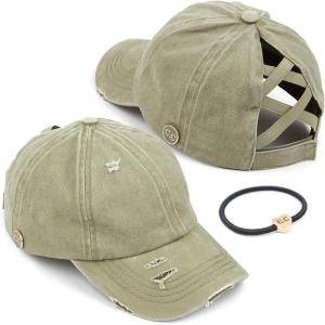 imageCC Washed Denim CrissCross Ponytail Cap Epoxy Button for face mask Face Mask not Included BT799Olive