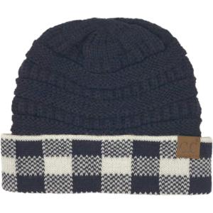 imageCC Winter Fall Trendy Chunky Stretchy Cable Knit Beanie HatBuffalo Plaid NavyWhite
