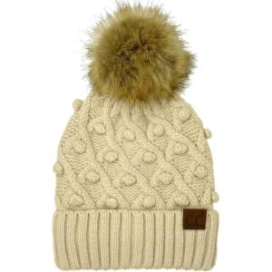 imageCC Winter Sherpa Fleeced Lined Chunky Knit Stretch Pom Pom Beanie Hat Cap Handmade Bobble Beige