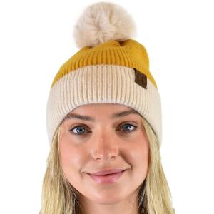 imageCC Winter Solid Dual Color Ribbed Knit Pom Cuff Beanie HatMustard