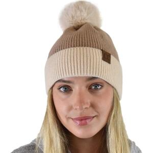 imageCC Winter Solid Dual Color Ribbed Knit Pom Cuff Beanie HatTaupe