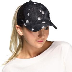 imageCC Womens Distressed Denim Trucker Hat with Ponytail Opening  Messy Bun Friendly Baseball Cap with Mesh BackBlackamazon