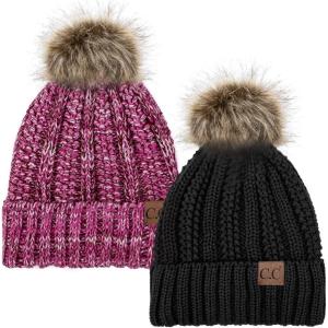 imageCC YJ820 Thick Cable Knit Hat Faux Fur Pom Fleece Lined Cap Cuff Beanie 2 PackBlack1 Hot Pink Mix