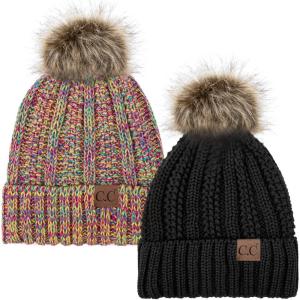imageCC YJ820 Thick Cable Knit Hat Faux Fur Pom Fleece Lined Cap Cuff Beanie 2 PackBlack11 Rainbow Mix