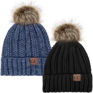 imageCC YJ820 Thick Cable Knit Hat Faux Fur Pom Fleece Lined Cap Cuff Beanie 2 PackBlack19 Denim Mix