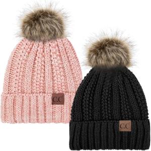 imageCC YJ820 Thick Cable Knit Hat Faux Fur Pom Fleece Lined Cap Cuff Beanie 2 PackBlack2 Rose Mix