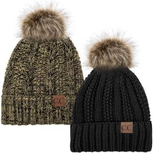 imageCC YJ820 Thick Cable Knit Hat Faux Fur Pom Fleece Lined Cap Cuff Beanie 2 PackBlack22 Black Beige Mix