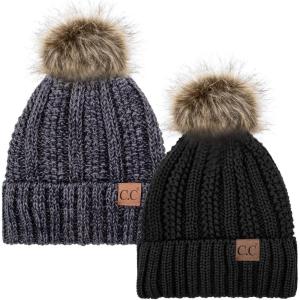 imageCC YJ820 Thick Cable Knit Hat Faux Fur Pom Fleece Lined Cap Cuff Beanie 2 PackBlack23 Black Grey Mix