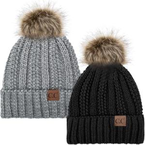 imageCC YJ820 Thick Cable Knit Hat Faux Fur Pom Fleece Lined Cap Cuff Beanie 2 PackBlack28 Lt Grey Mix