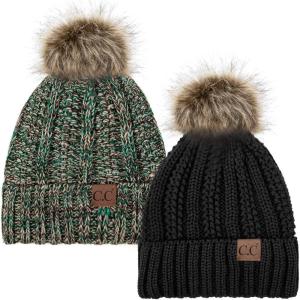 imageCC YJ820 Thick Cable Knit Hat Faux Fur Pom Fleece Lined Cap Cuff Beanie 2 PackBlack3 Teal Mix