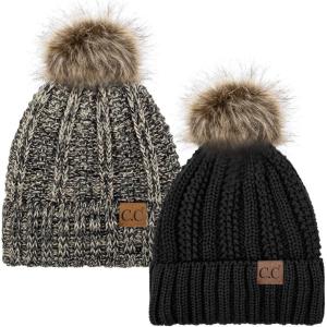 imageCC YJ820 Thick Cable Knit Hat Faux Fur Pom Fleece Lined Cap Cuff Beanie 2 PackBlack31 Grey Beige Mix