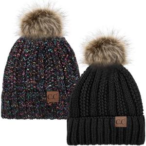 imageCC YJ820 Thick Cable Knit Hat Faux Fur Pom Fleece Lined Cap Cuff Beanie 2 PackBlack32 Black Mix