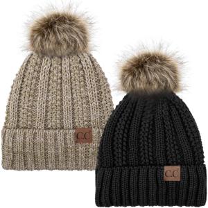 imageCC YJ820 Thick Cable Knit Hat Faux Fur Pom Fleece Lined Cap Cuff Beanie 2 PackBlack8 Taupe Mix