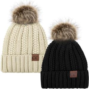 imageCC YJ820 Thick Cable Knit Hat Faux Fur Pom Fleece Lined Cap Cuff Beanie 2 PackBlackBeige