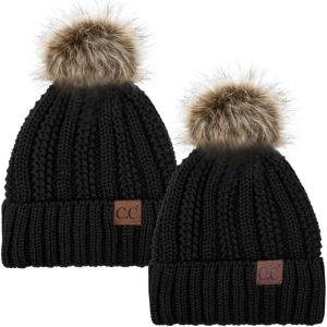 imageCC YJ820 Thick Cable Knit Hat Faux Fur Pom Fleece Lined Cap Cuff Beanie 2 PackBlackBlack