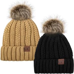 imageCC YJ820 Thick Cable Knit Hat Faux Fur Pom Fleece Lined Cap Cuff Beanie 2 PackBlackCamel