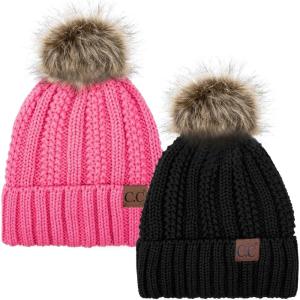 imageCC YJ820 Thick Cable Knit Hat Faux Fur Pom Fleece Lined Cap Cuff Beanie 2 PackBlackCandy Pink