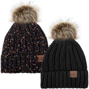 imageCC YJ820 Thick Cable Knit Hat Faux Fur Pom Fleece Lined Cap Cuff Beanie 2 PackBlackConfetti Black