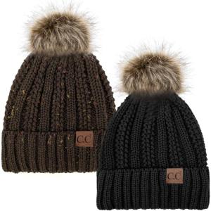 imageCC YJ820 Thick Cable Knit Hat Faux Fur Pom Fleece Lined Cap Cuff Beanie 2 PackBlackConfetti Brown