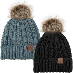imageCC YJ820 Thick Cable Knit Hat Faux Fur Pom Fleece Lined Cap Cuff Beanie 2 PackBlackConfetti Denim