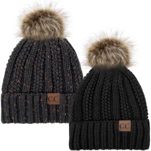 imageCC YJ820 Thick Cable Knit Hat Faux Fur Pom Fleece Lined Cap Cuff Beanie 2 PackBlackConfetti Dk Melange