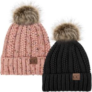 imageCC YJ820 Thick Cable Knit Hat Faux Fur Pom Fleece Lined Cap Cuff Beanie 2 PackBlackConfetti Indi Pink