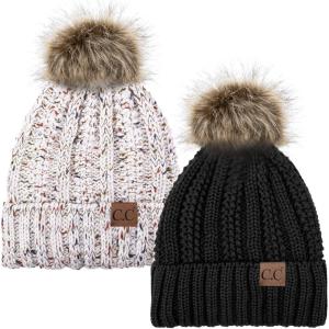 imageCC YJ820 Thick Cable Knit Hat Faux Fur Pom Fleece Lined Cap Cuff Beanie 2 PackBlackConfetti Ivory
