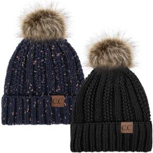 imageCC YJ820 Thick Cable Knit Hat Faux Fur Pom Fleece Lined Cap Cuff Beanie 2 PackBlackConfetti Navy