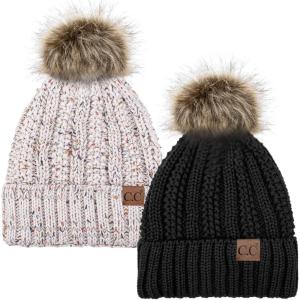 imageCC YJ820 Thick Cable Knit Hat Faux Fur Pom Fleece Lined Cap Cuff Beanie 2 PackBlackConfetti Oatmeal