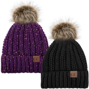 imageCC YJ820 Thick Cable Knit Hat Faux Fur Pom Fleece Lined Cap Cuff Beanie 2 PackBlackConfetti Purple