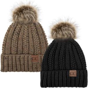 imageCC YJ820 Thick Cable Knit Hat Faux Fur Pom Fleece Lined Cap Cuff Beanie 2 PackBlackConfetti Taupe