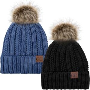 imageCC YJ820 Thick Cable Knit Hat Faux Fur Pom Fleece Lined Cap Cuff Beanie 2 PackBlackDk Denim