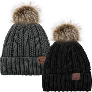 imageCC YJ820 Thick Cable Knit Hat Faux Fur Pom Fleece Lined Cap Cuff Beanie 2 PackBlackDk Melange