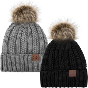 imageCC YJ820 Thick Cable Knit Hat Faux Fur Pom Fleece Lined Cap Cuff Beanie 2 PackBlackLt Melange