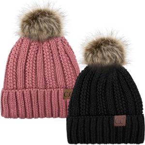 imageCC YJ820 Thick Cable Knit Hat Faux Fur Pom Fleece Lined Cap Cuff Beanie 2 PackBlackMauve