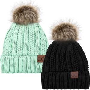 imageCC YJ820 Thick Cable Knit Hat Faux Fur Pom Fleece Lined Cap Cuff Beanie 2 PackBlackMint