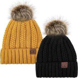 imageCC YJ820 Thick Cable Knit Hat Faux Fur Pom Fleece Lined Cap Cuff Beanie 2 PackBlackMustard