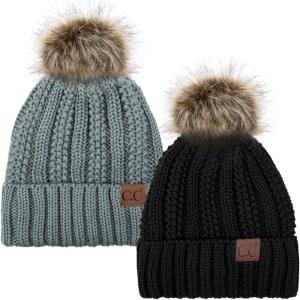 imageCC YJ820 Thick Cable Knit Hat Faux Fur Pom Fleece Lined Cap Cuff Beanie 2 PackBlackNatural Grey