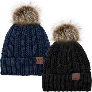 imageCC YJ820 Thick Cable Knit Hat Faux Fur Pom Fleece Lined Cap Cuff Beanie 2 PackBlackNavy
