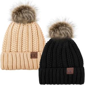 imageCC YJ820 Thick Cable Knit Hat Faux Fur Pom Fleece Lined Cap Cuff Beanie 2 PackBlackNew Beige